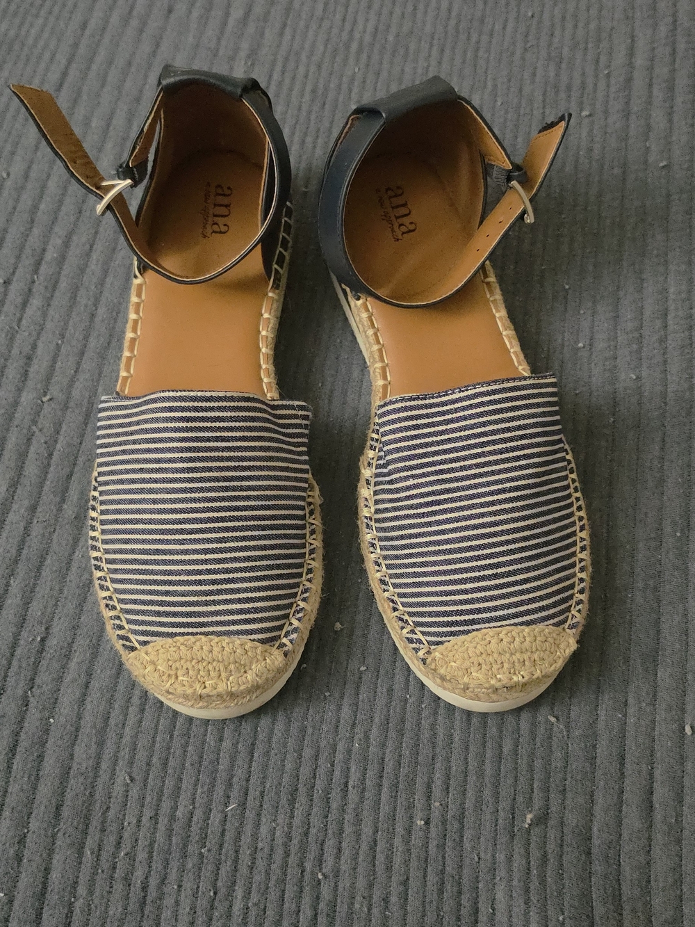 a.n.a Navy & White Striped Espadrille Ankle-Strap Flats